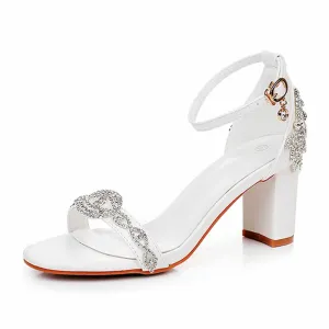 2.95" 3.74" White Crystal Ankle Strap Chunky Heels Summer Wedding Dress Shoes