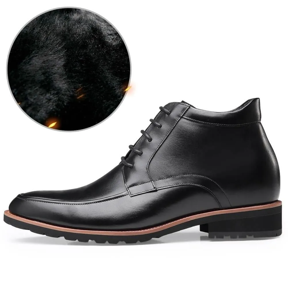 7CM / 2.76 Inches - CMR CHAMARIPA Elevator Boots Black Leather Height Increasing Shoes For Men Winter Warm Fur-Lined Boots