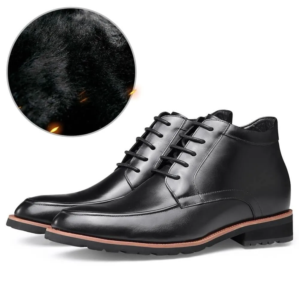 7CM / 2.76 Inches - CMR CHAMARIPA Elevator Boots Black Leather Height Increasing Shoes For Men Winter Warm Fur-Lined Boots