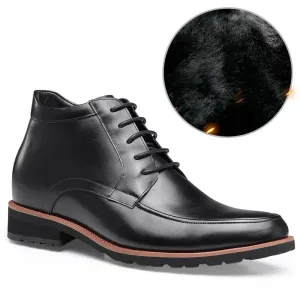 7CM / 2.76 Inches - CMR CHAMARIPA Elevator Boots Black Leather Height Increasing Shoes For Men Winter Warm Fur-Lined Boots