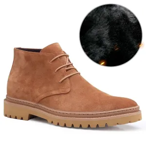 7CM / 2.76 Inches - CMR CHAMARIPA Men's Elevator Shoes Brown Suede Leather Fur Lining Chukka Height Increasing Winter Boots