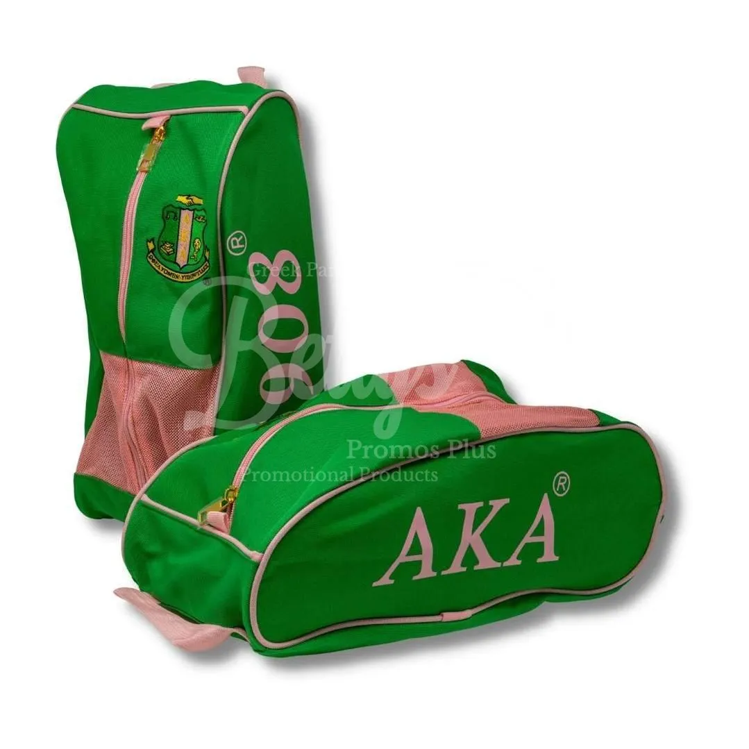 Alpha Kappa Alpha AKA Shield Pink and Green Canvas Shoe Bag with Zippered Mesh