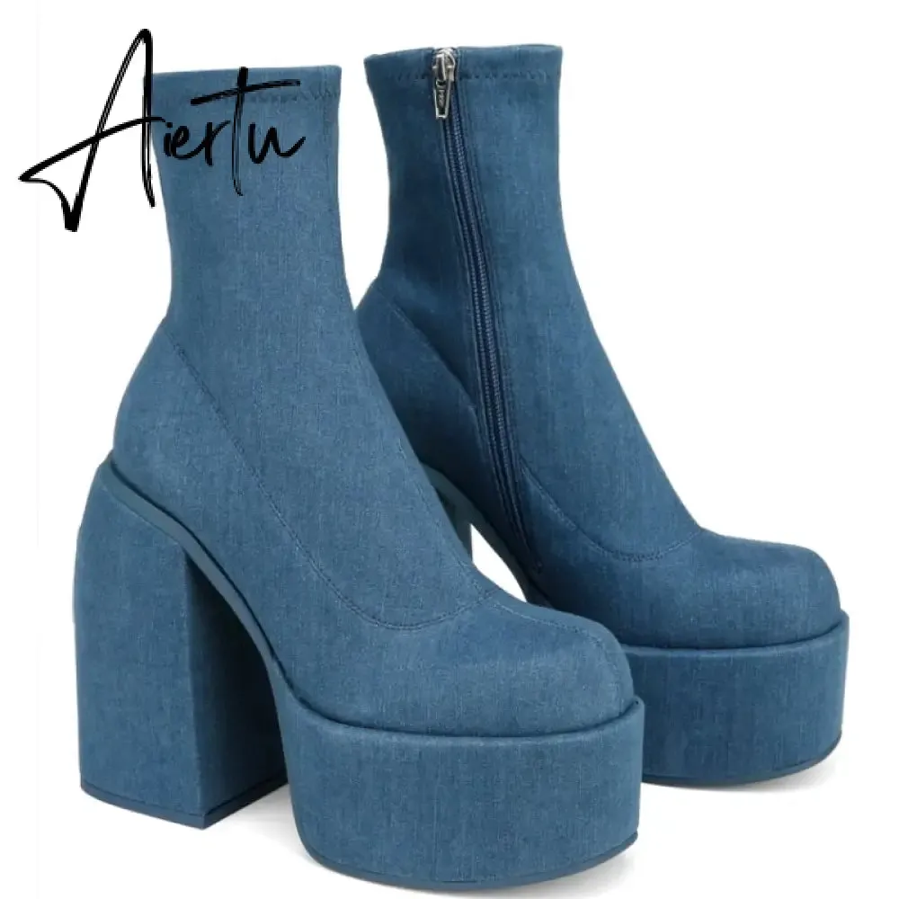 Ankle Boots Women Fashion High Platform Shaped High Heel Boots Chunky Heels Zipper Designer Shoes 45 Platform Shoes Women Shoes