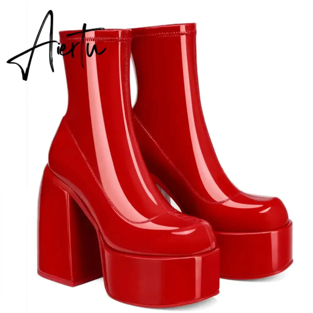 Ankle Boots Women Fashion High Platform Shaped High Heel Boots Chunky Heels Zipper Designer Shoes 45 Platform Shoes Women Shoes