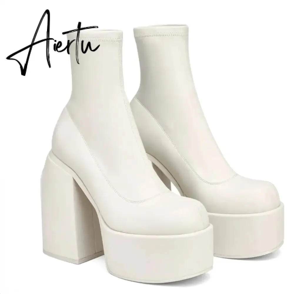 Ankle Boots Women Fashion High Platform Shaped High Heel Boots Chunky Heels Zipper Designer Shoes 45 Platform Shoes Women Shoes