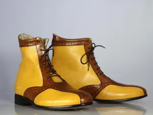 Bespoke Yellow & Brown Ankle Lace Up Boot for Men's