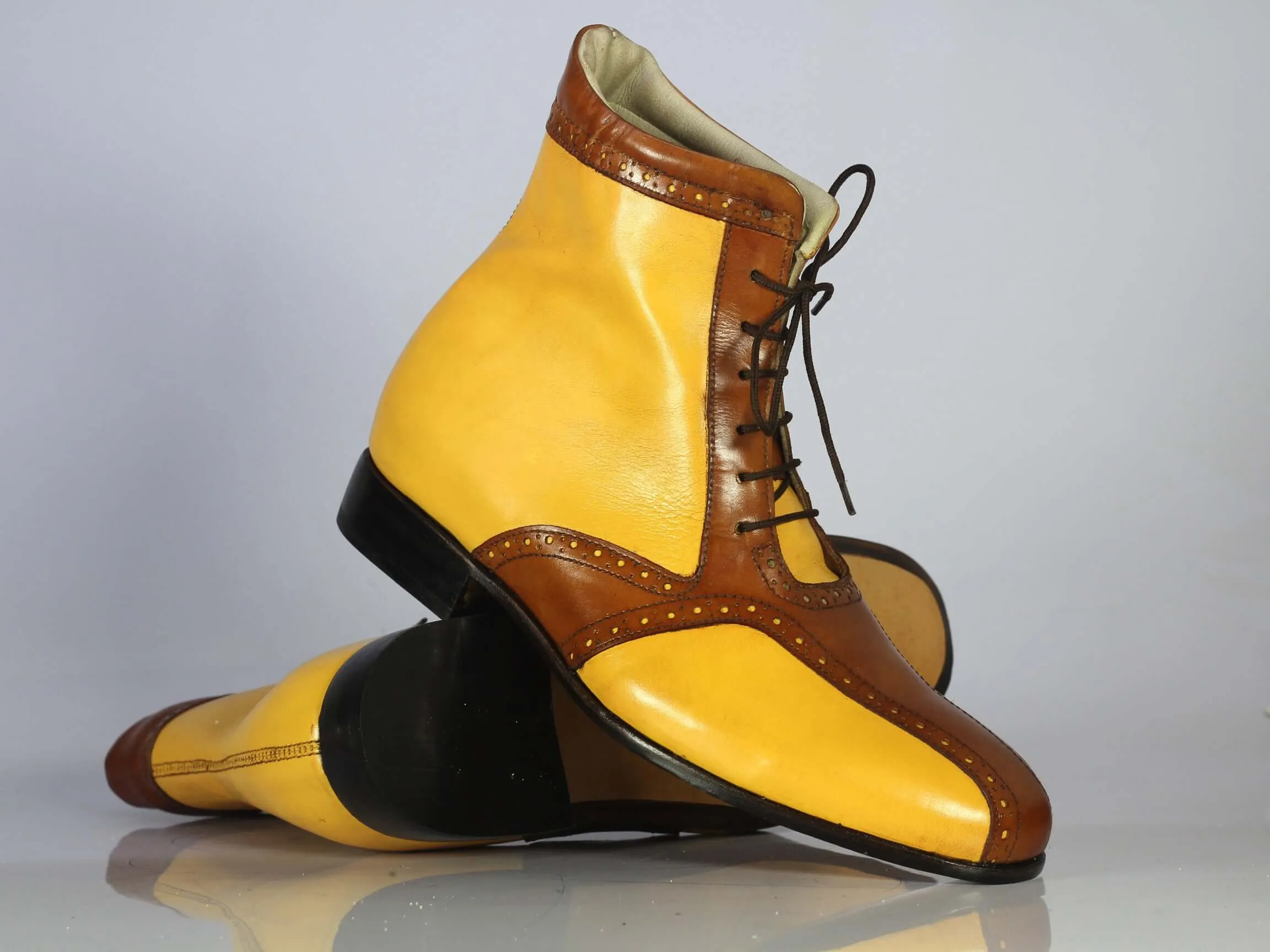 Bespoke Yellow & Brown Ankle Lace Up Boot for Men's