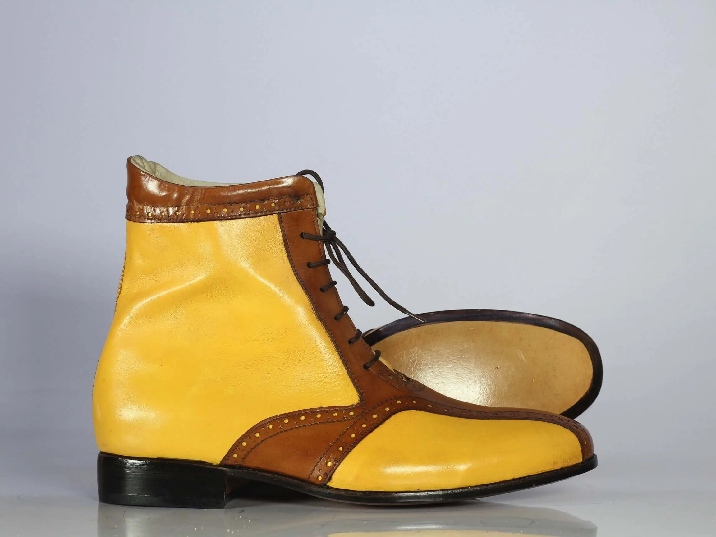 Bespoke Yellow & Brown Ankle Lace Up Boot for Men's