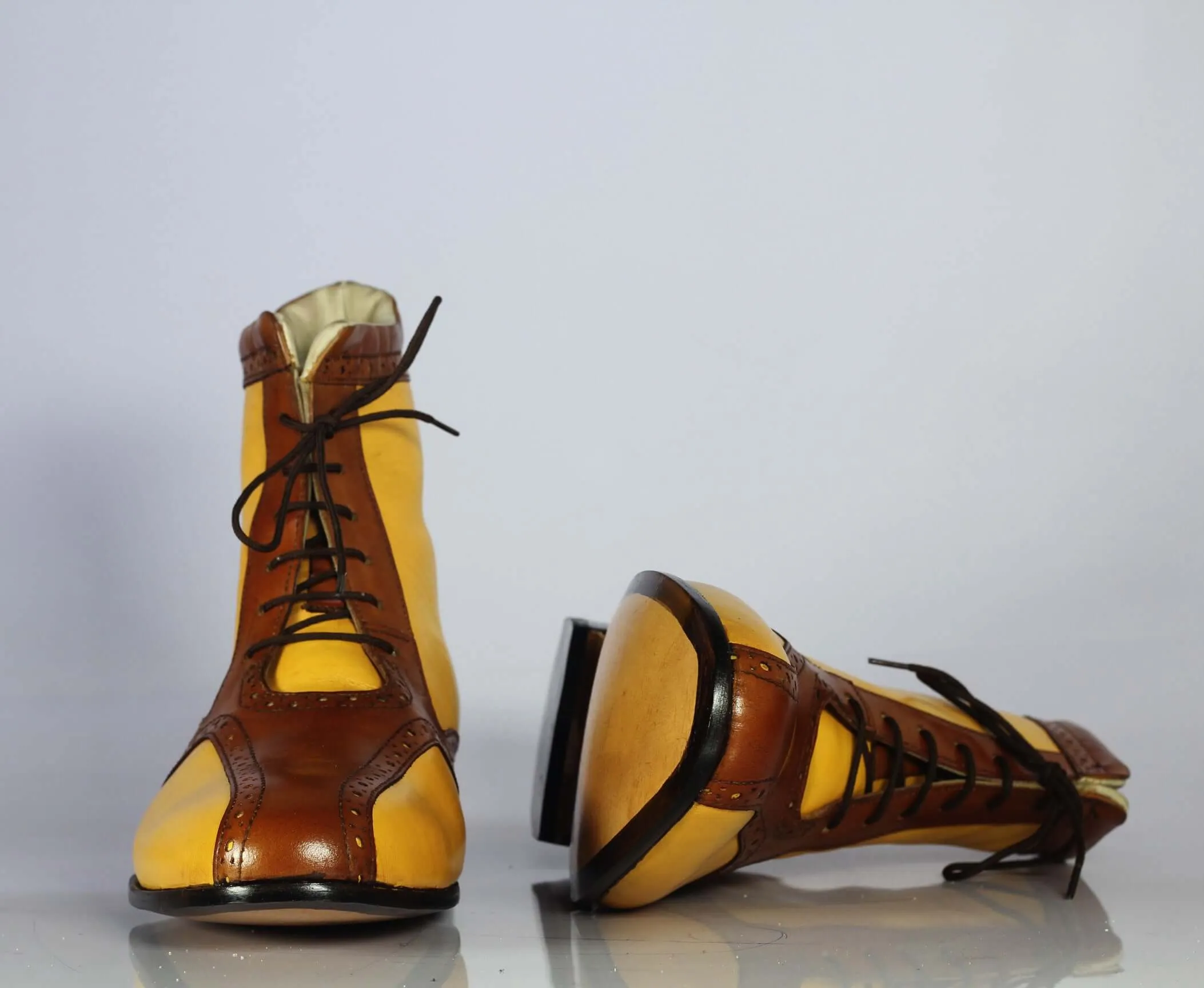 Bespoke Yellow & Brown Ankle Lace Up Boot for Men's