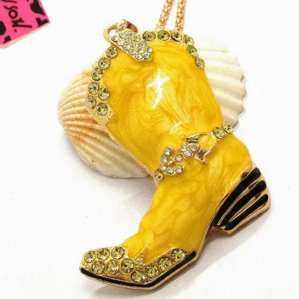 Betsey Johnson Cowboy Boot Yellow Marble Crystal Pendant Necklace