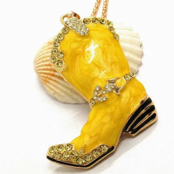 Betsey Johnson Cowboy Boot Yellow Marble Crystal Pendant Necklace