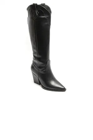 BLACK PU KNEE LENGTH WESTERN COWGIRL COWBOY BOOTS