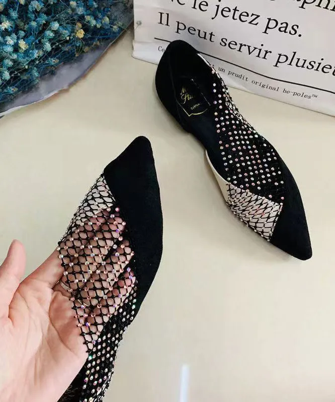 Black Suede Flat Feet Shoes Splicing Tulle Zircon AP1050