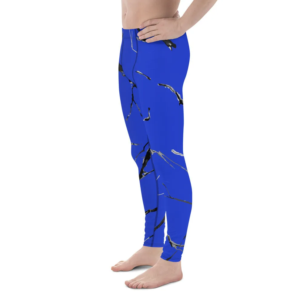 Blue Marble Men's Leggings, Abstract Print Sexy Workout Gym Run Tights Leggings Pants