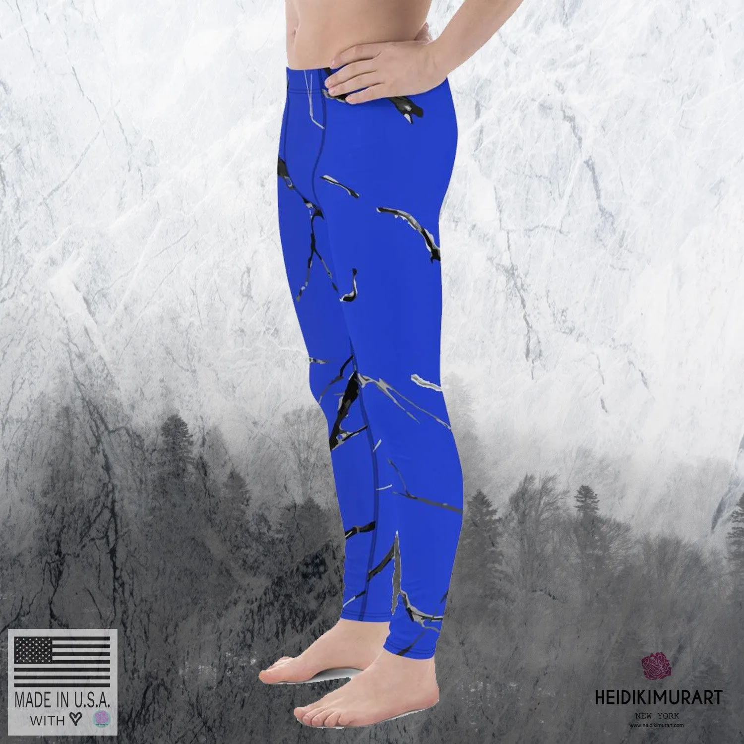 Blue Marble Men's Leggings, Abstract Print Sexy Workout Gym Run Tights Leggings Pants