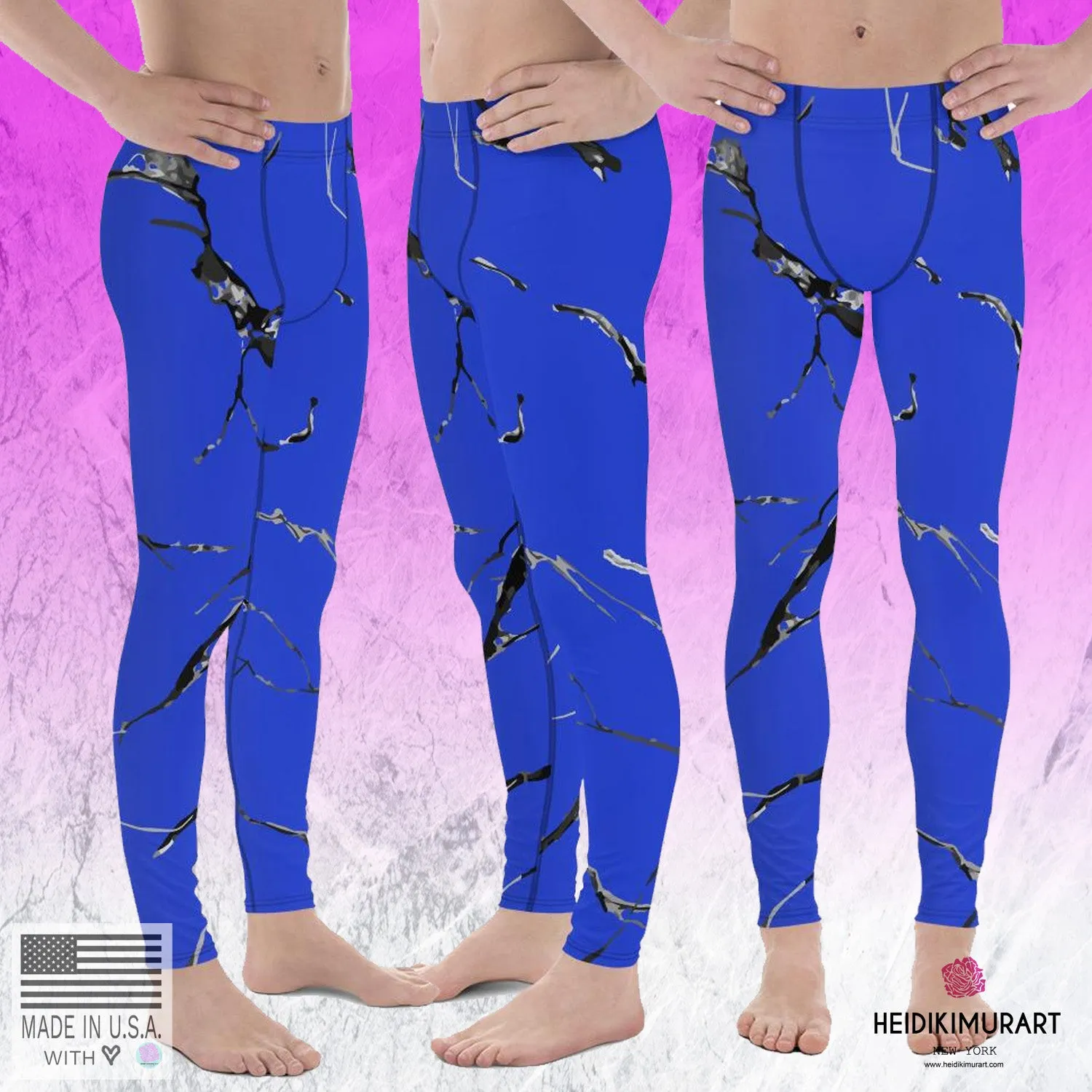 Blue Marble Men's Leggings, Abstract Print Sexy Workout Gym Run Tights Leggings Pants