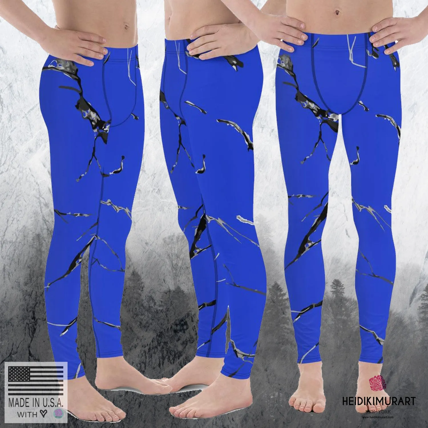 Blue Marble Men's Leggings, Abstract Print Sexy Workout Gym Run Tights Leggings Pants