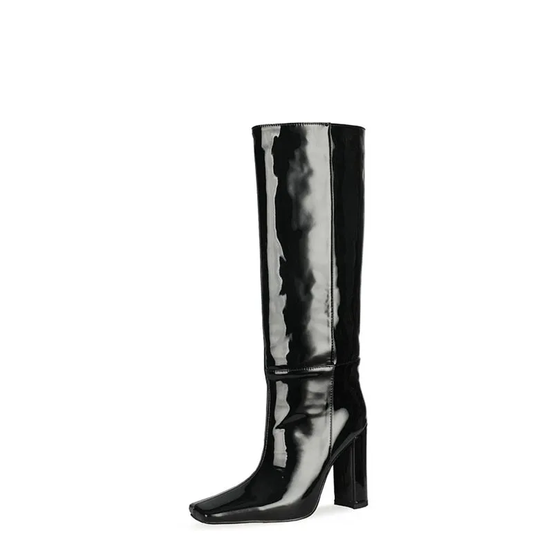 ChicExoLeather Square Toe Thick Heels Long Boots