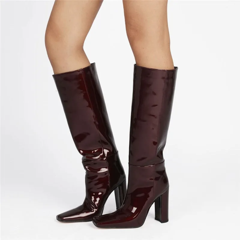 ChicExoLeather Square Toe Thick Heels Long Boots