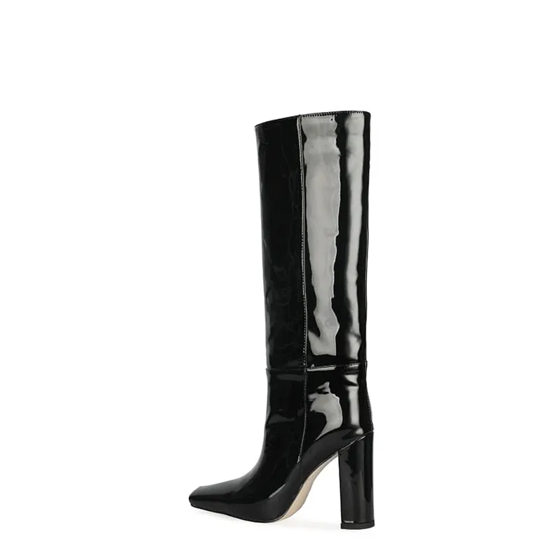 ChicExoLeather Square Toe Thick Heels Long Boots