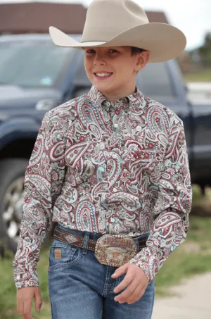 Cinch Boy's Burgundy/Aqua/Brown Paisley Print Button Up Western Shirt MTW7061289 MTW7060289