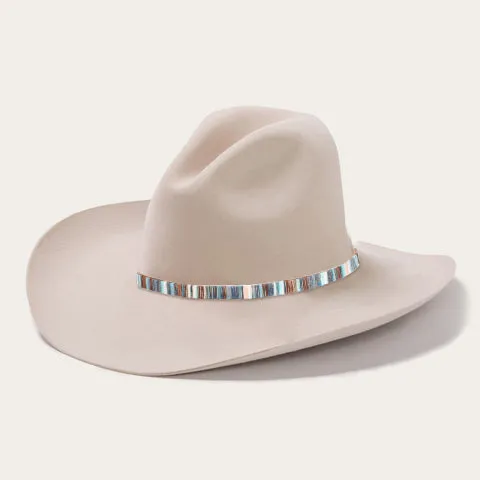 Classic Beige Felt Cowboy Hats with Multicolor Stripe Band and Metal Buckle