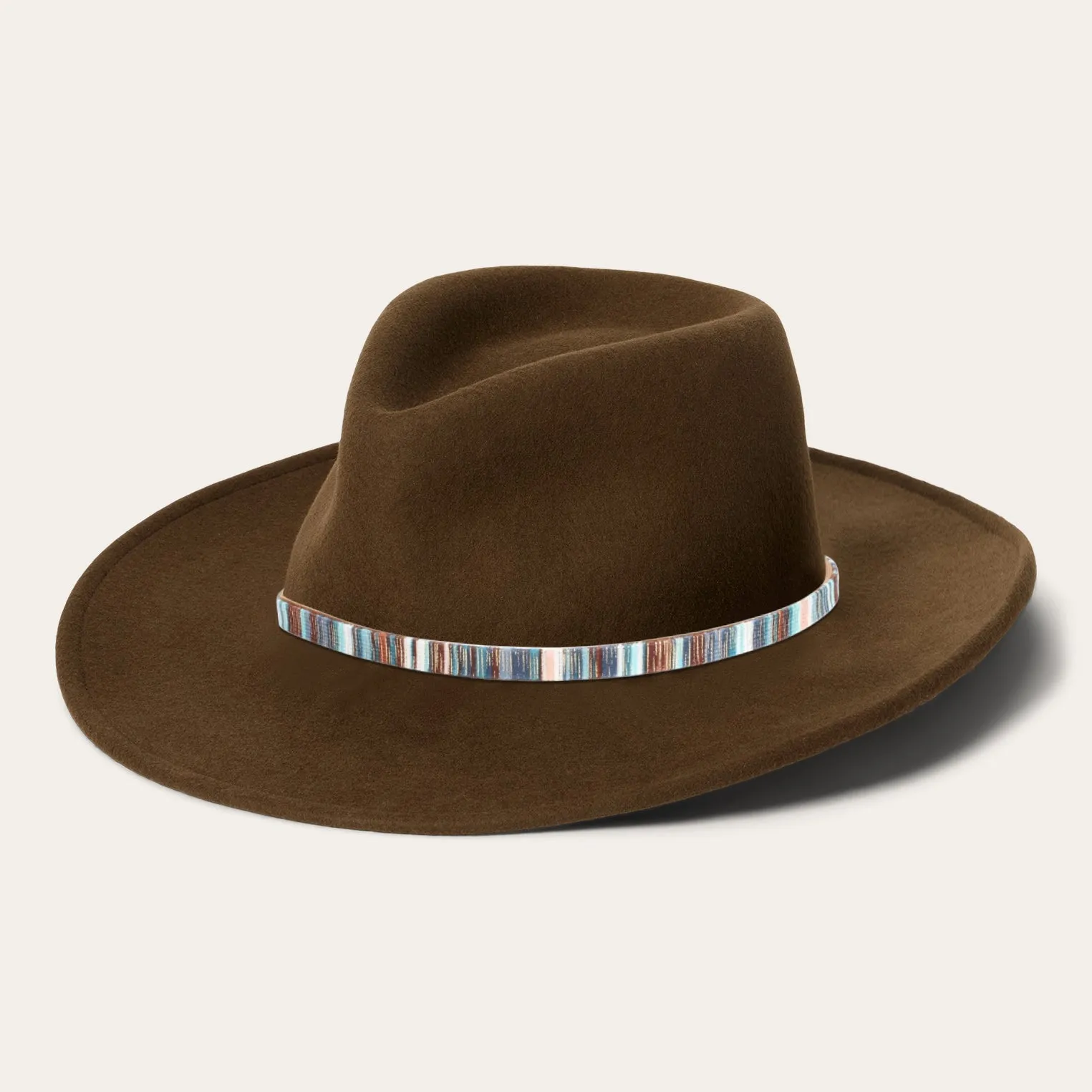 Classic Brown Felt Fedora with Multicolor Stripe Band and Metal Buckle