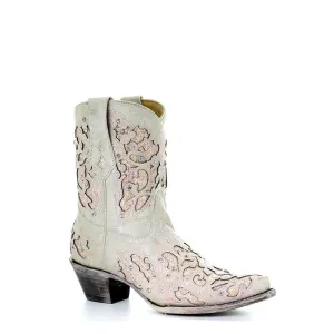 Corral Wedding Collection Women's Mariah White with Pink Glitter Inlay Shorty Boot - A3558