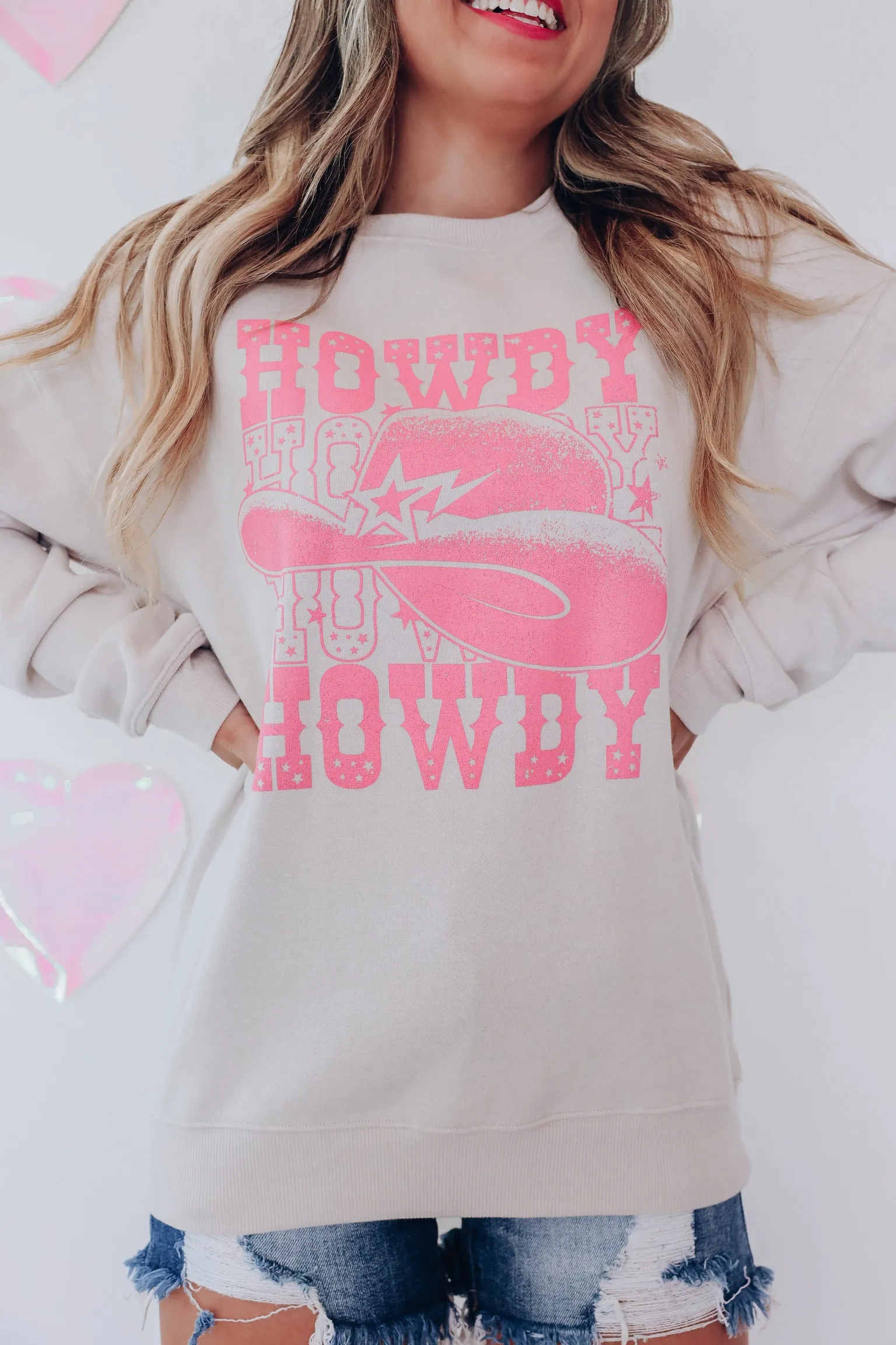 Cowgirl Hat Stacked Howdy Graphic Sweatshirt - Stone