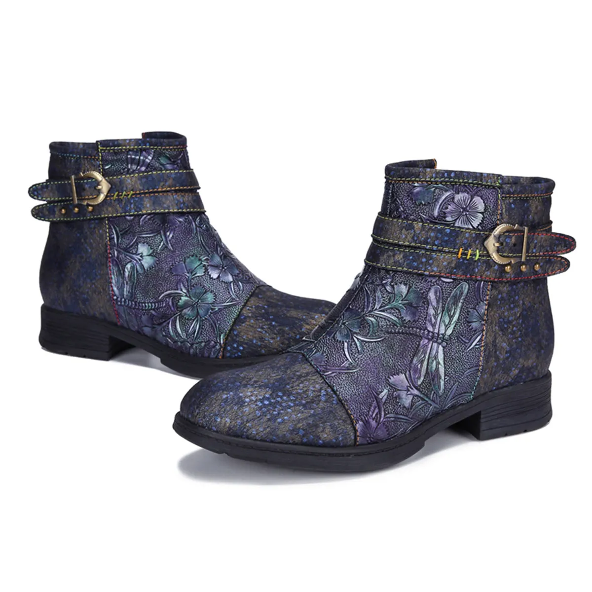 CrazycatZ Womens Bohemian Block Heels Leather Boots Colorful Leather Ankle Boots Dragon Fly Printed