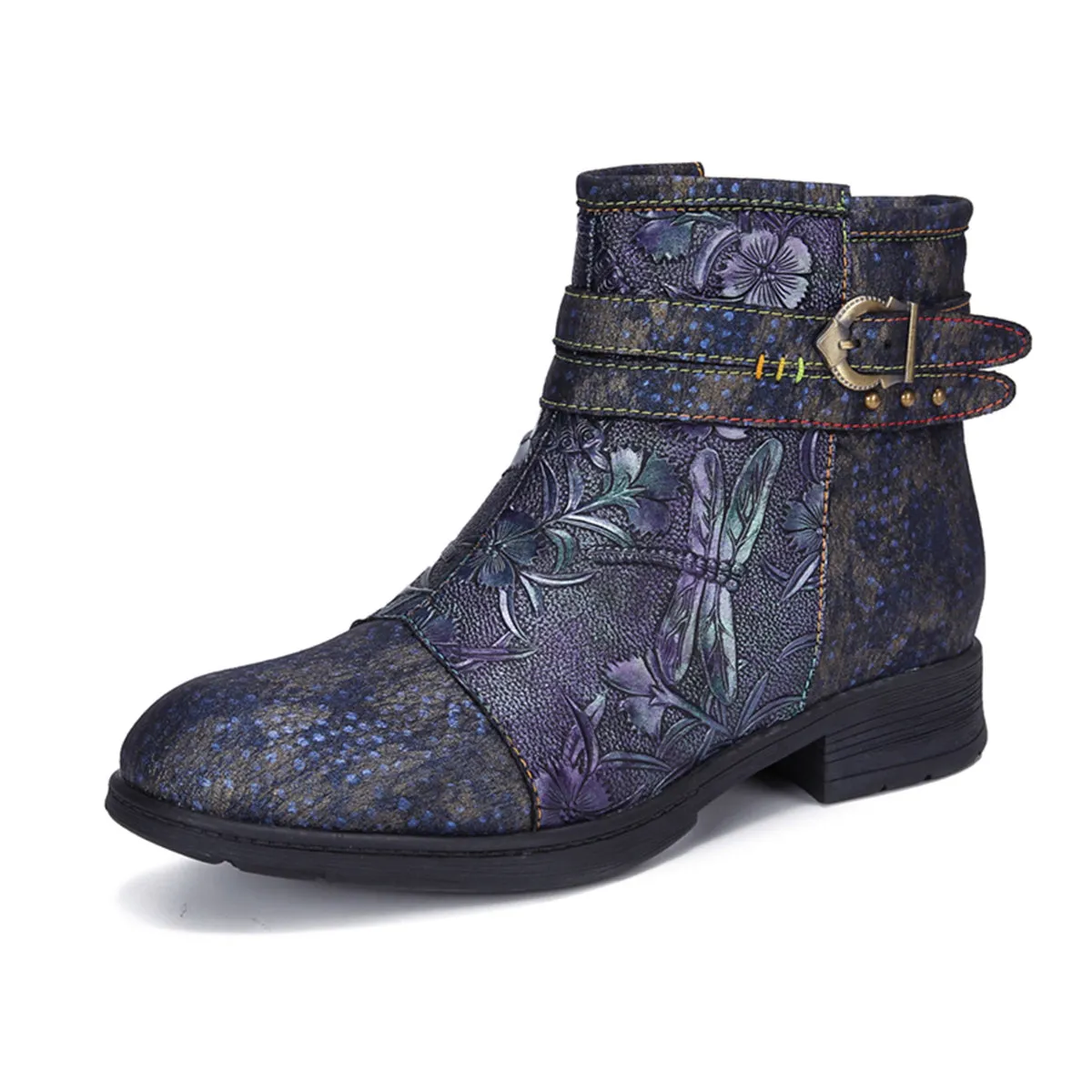 CrazycatZ Womens Bohemian Block Heels Leather Boots Colorful Leather Ankle Boots Dragon Fly Printed