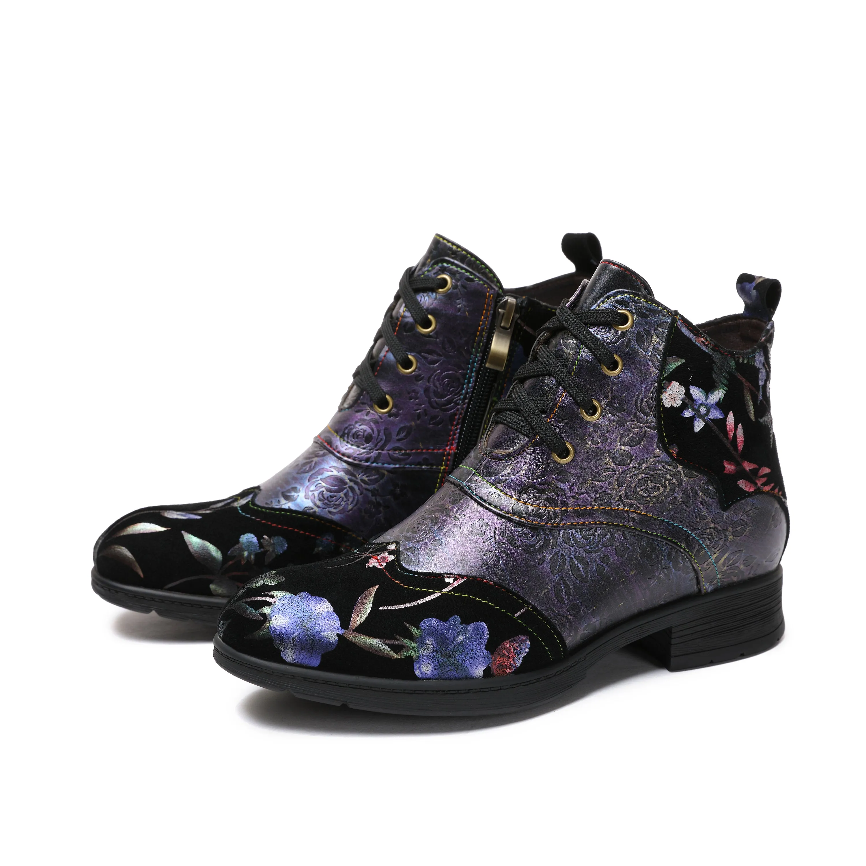 CrazycatZ Womens Leather Ankle Boots Bohemian Sporty Colorful Leahter Boots Purple Floral