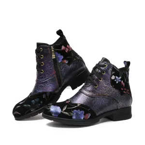 CrazycatZ Womens Leather Ankle Boots Bohemian Sporty Colorful Leahter Boots Purple Floral