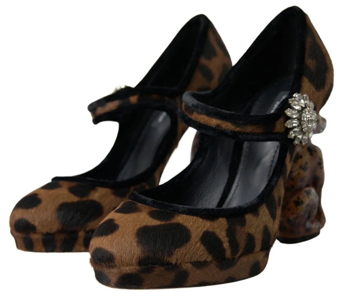 Dolce & Gabbana Black Brown Calf Leopard Heel Mary Jane Pump Shoes