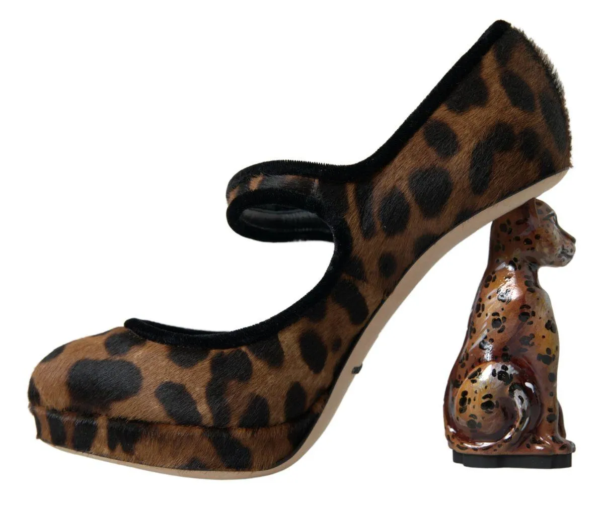 Dolce & Gabbana Black Brown Calf Leopard Heel Mary Jane Pump Shoes