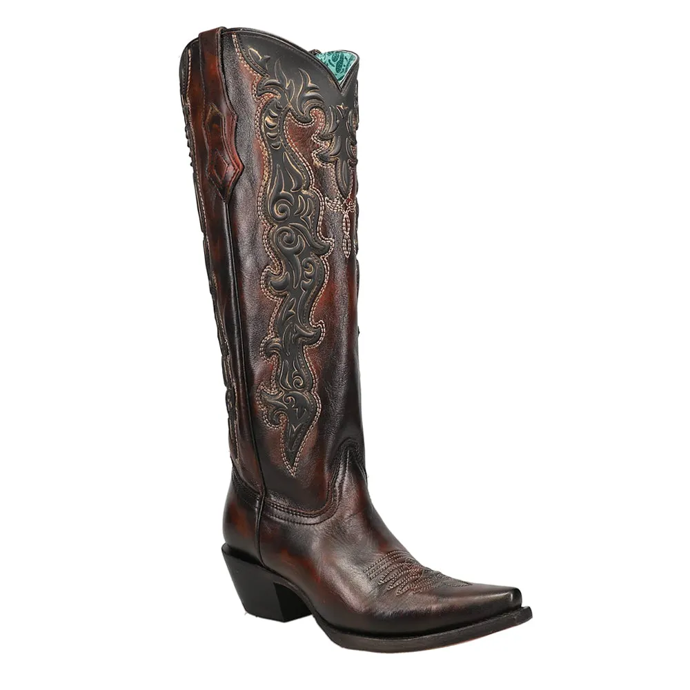 Embroidered Overlay Tall Snip Toe Cowboy Boots