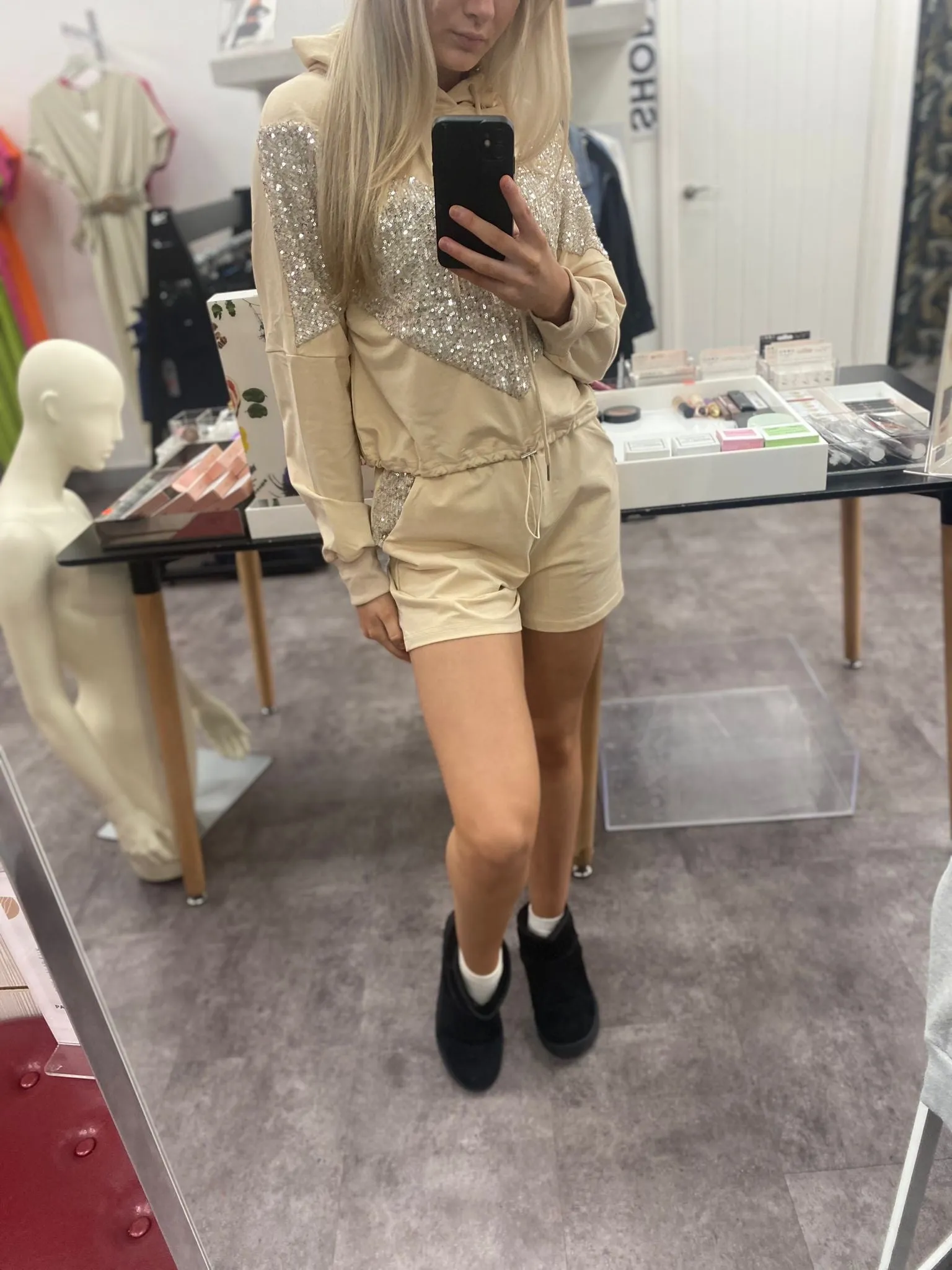 HALLIE BEIGE SEQUIN PATTERNED HODDIE TOP & SHORT CO-ORD