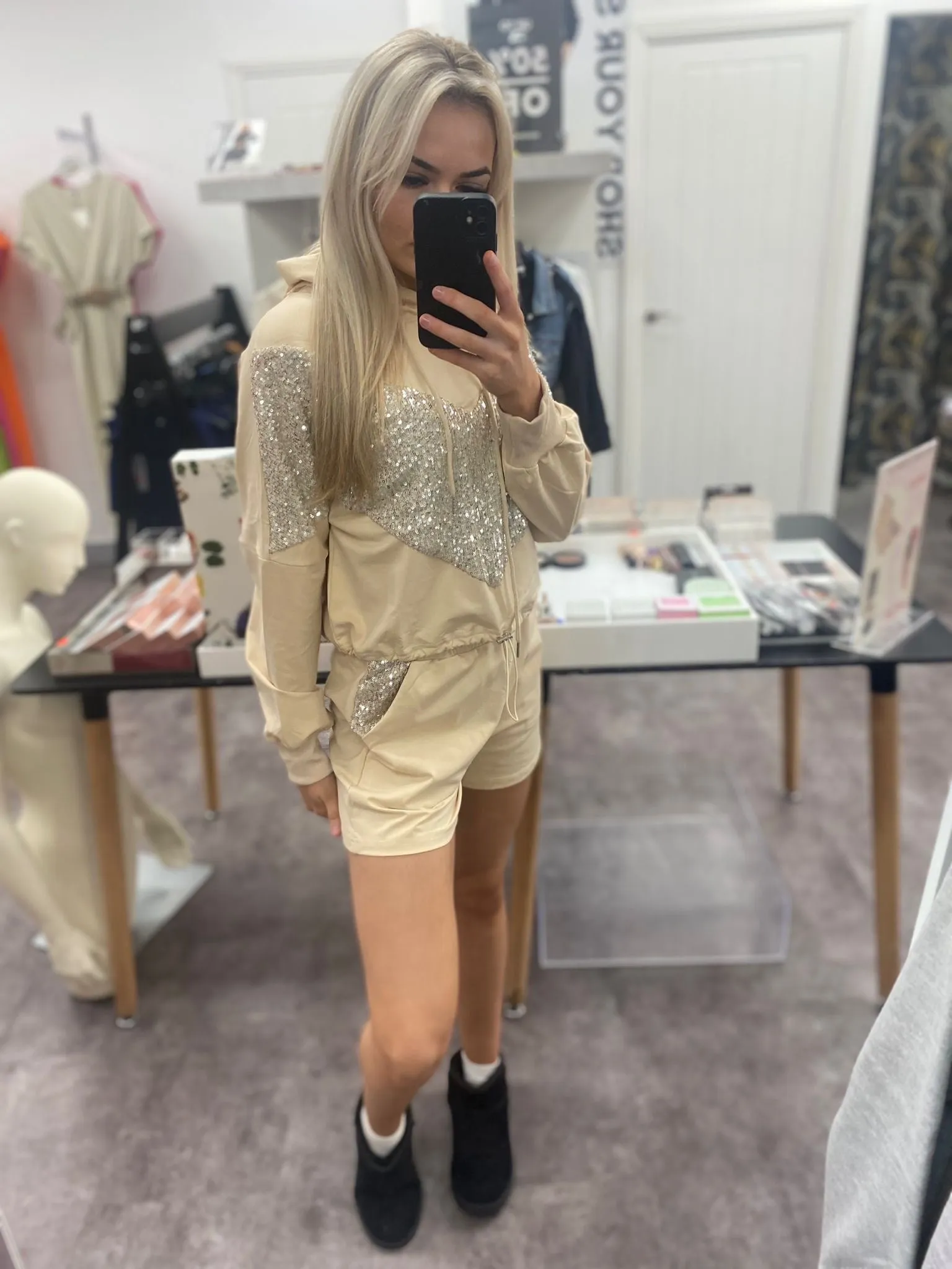 HALLIE BEIGE SEQUIN PATTERNED HODDIE TOP & SHORT CO-ORD