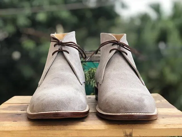 Handmade Men's Gray Chukka Suede Lace Up Boots, Men Ankle Boots, Men Designer Fashion Boots