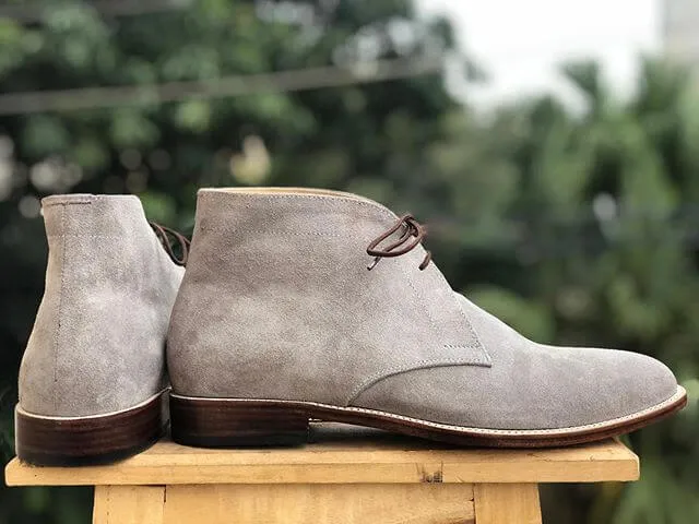 Handmade Men's Gray Chukka Suede Lace Up Boots, Men Ankle Boots, Men Designer Fashion Boots