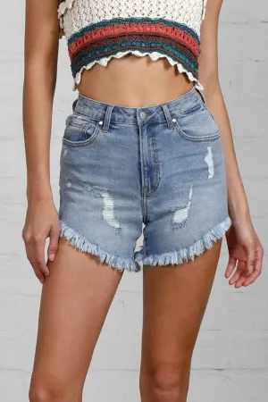 High Rise Light Wash Denim Distressed Denim Shorts