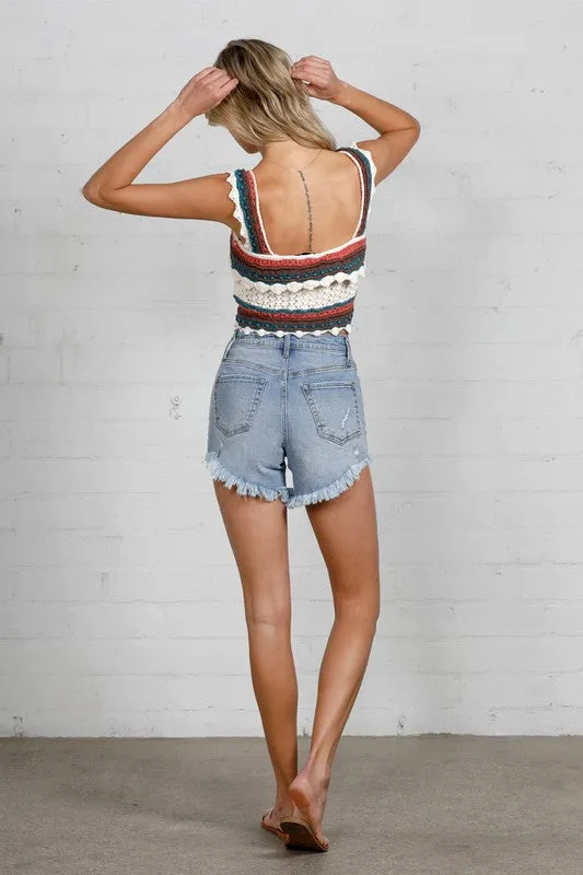 High Rise Light Wash Denim Distressed Denim Shorts