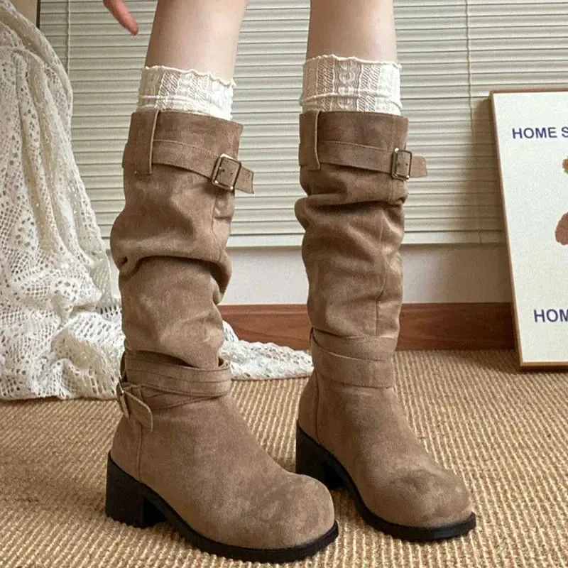 Hnzxzm Platform Thick Heel Women Western Cowboy Boots Fashion Slip On Folded Pile Long Booties Female Shoes Autumn Winter