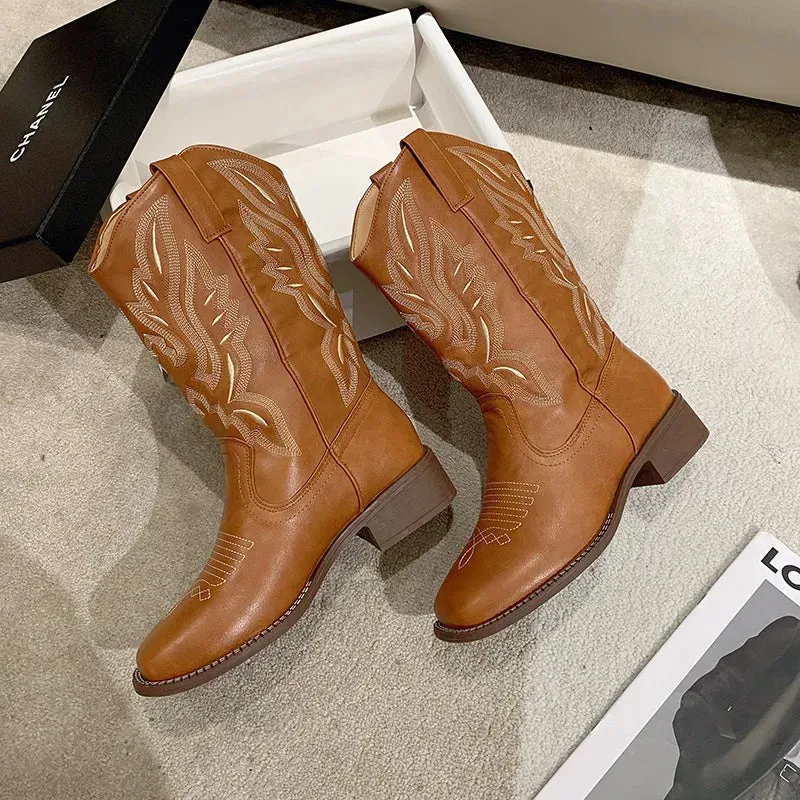 Hnzxzm Women Boots Embroidered Western Boots Leather Mid Calf Cowboy Boots Winter Chunky Heel Boots Female Autumn Shoes Botas Chelsea