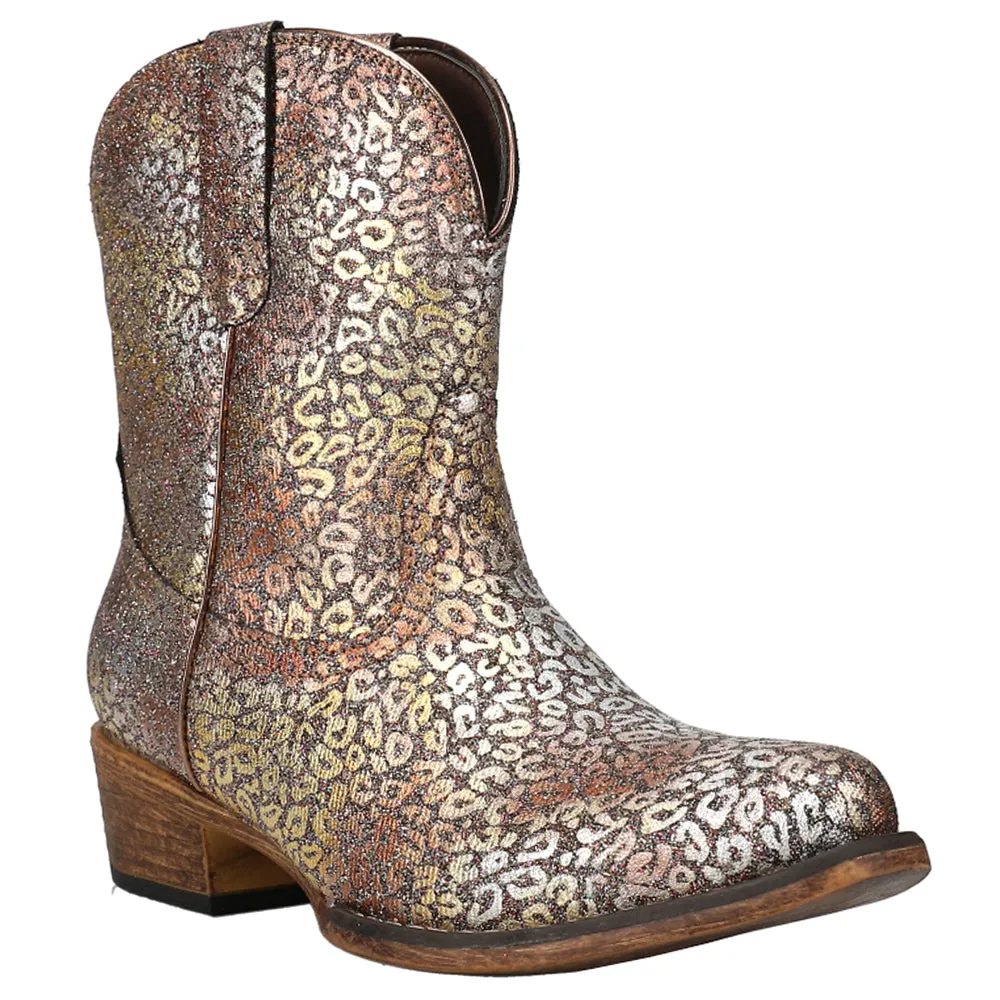 Ingrid Metallic Leopard-Cheetah Snip Toe Cowboy Bootie