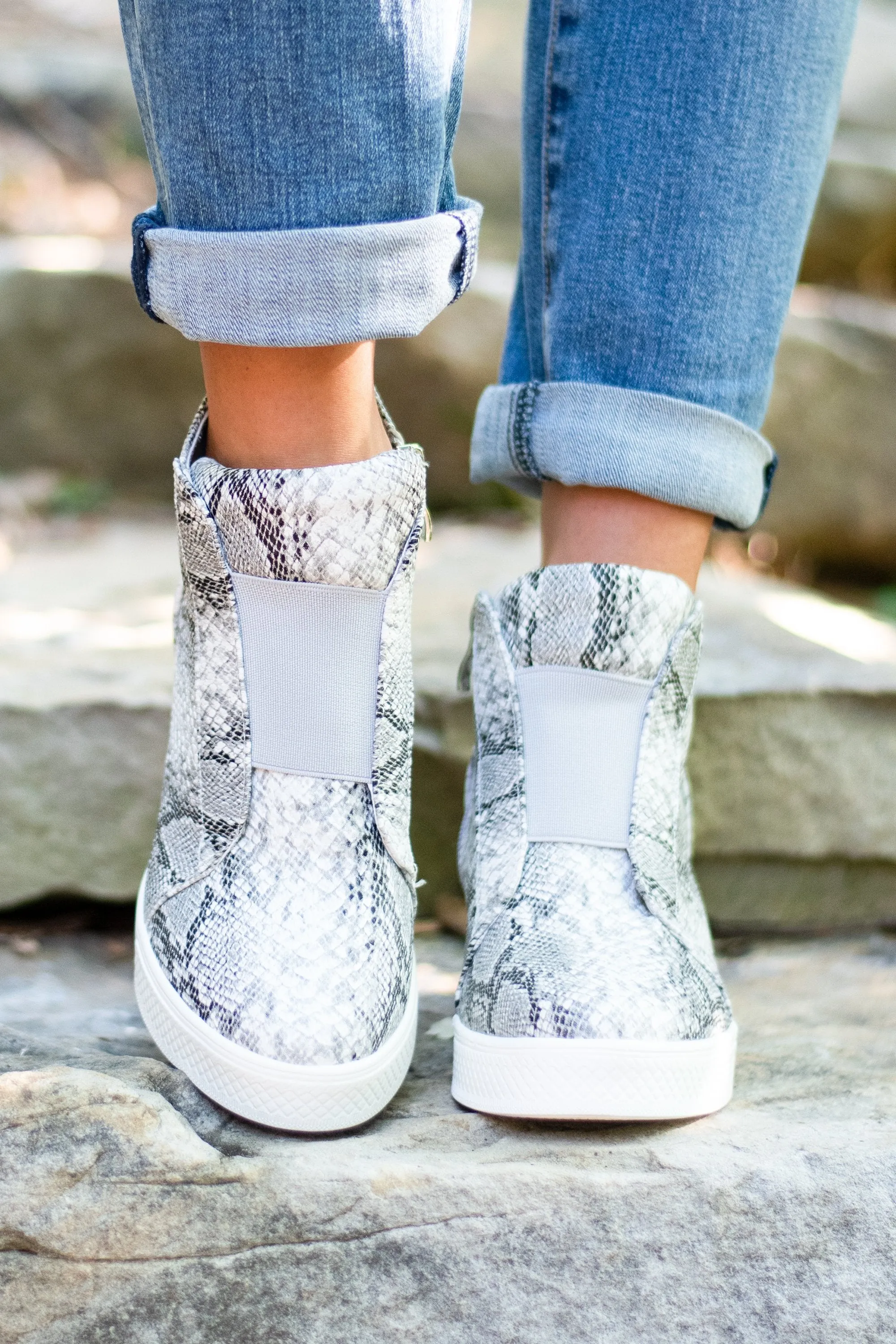 Known By All Gray Snake Wedge Sneakers