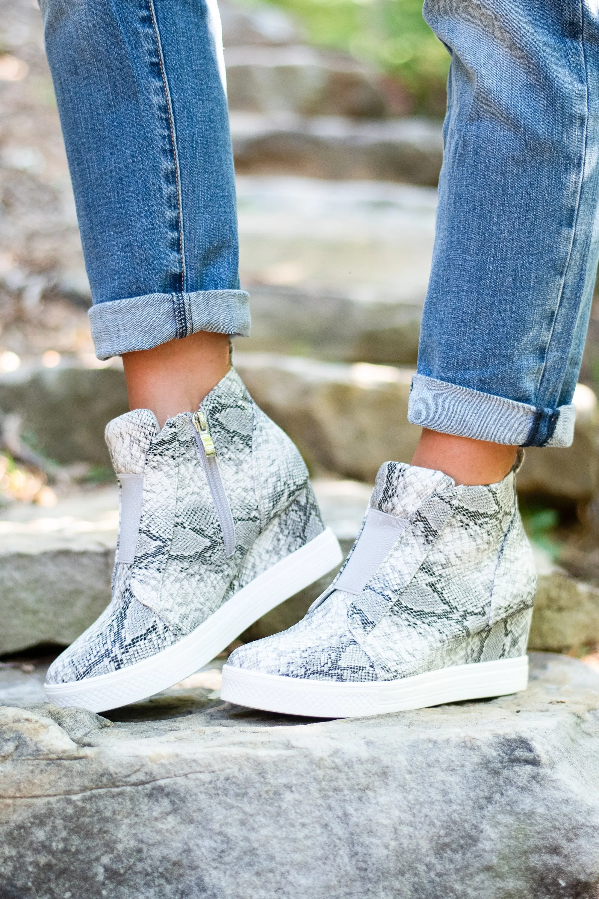 Known By All Gray Snake Wedge Sneakers