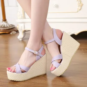 Korean Style Women Summer Wedges Chunky Heel  Ankle Wrap Open The Toe Fashion Sandals Shoes