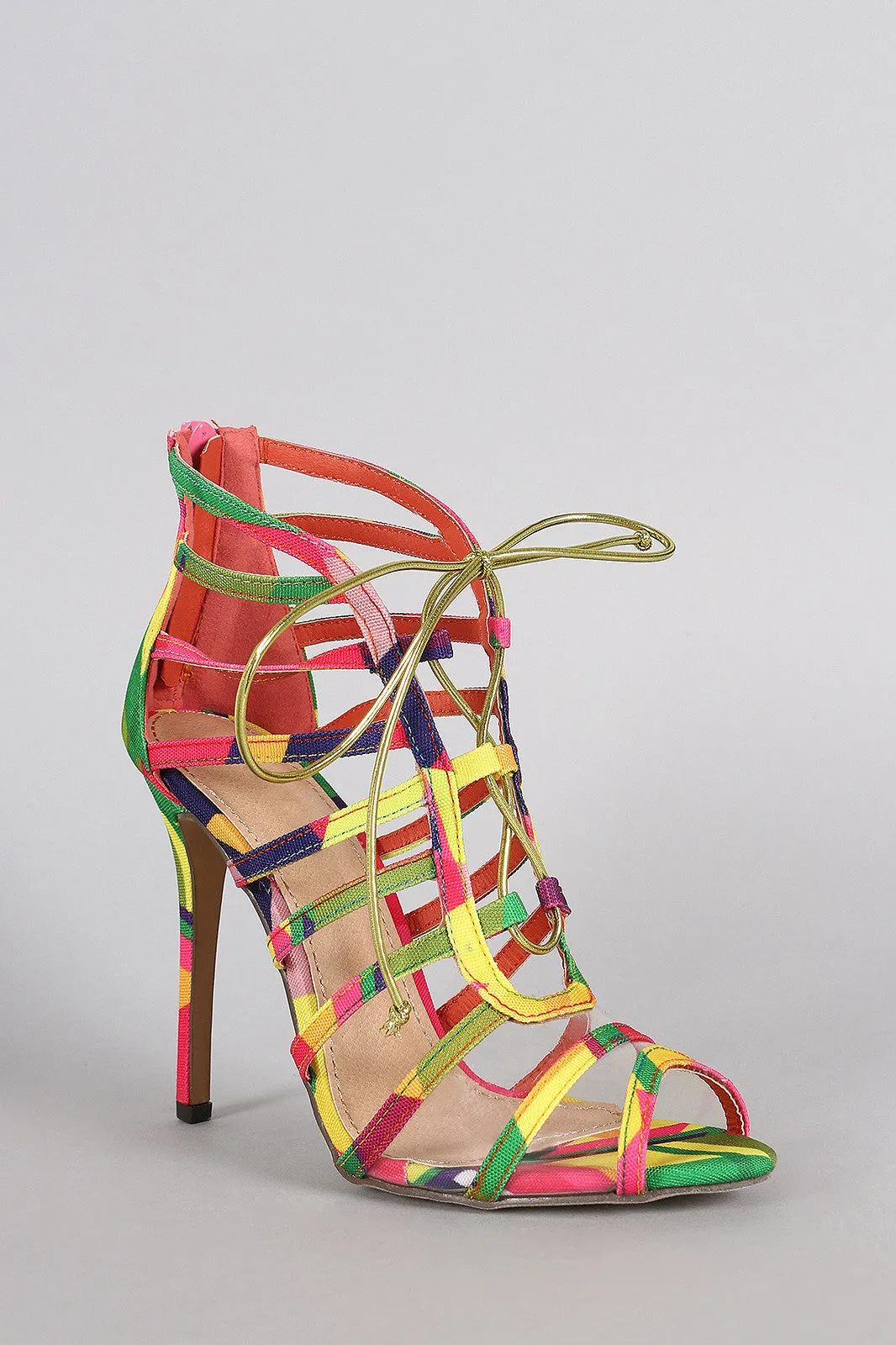 Liliana Multicolor Geometric Print Strappy Lucite Lace Up Heel