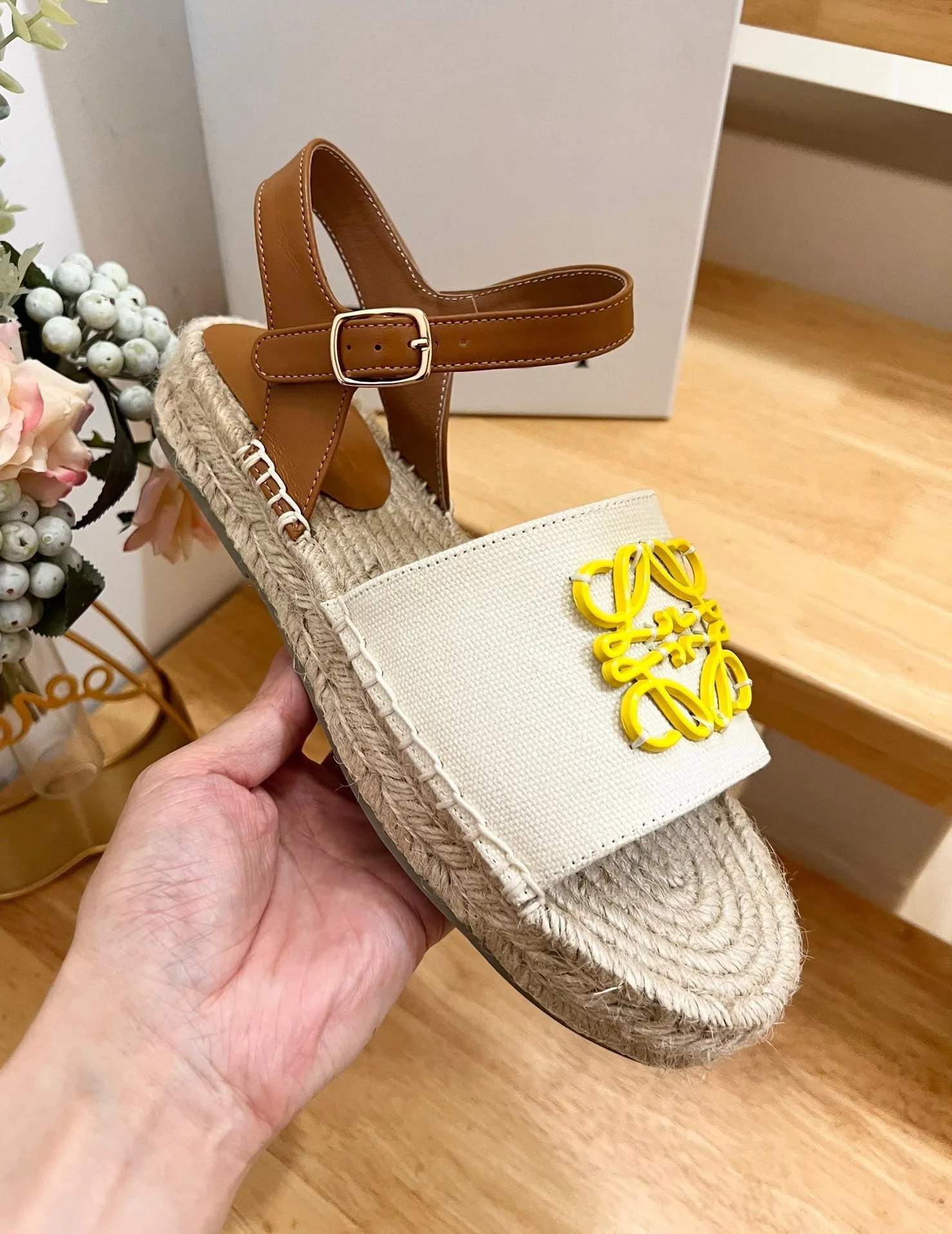 Loew Anagram Yellow logo White Brown Leather And Canvas Espadrille Sandals